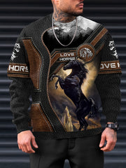 Horse 3D Print Men's Graphic Round Neck Sweatshirt Loose Pullover