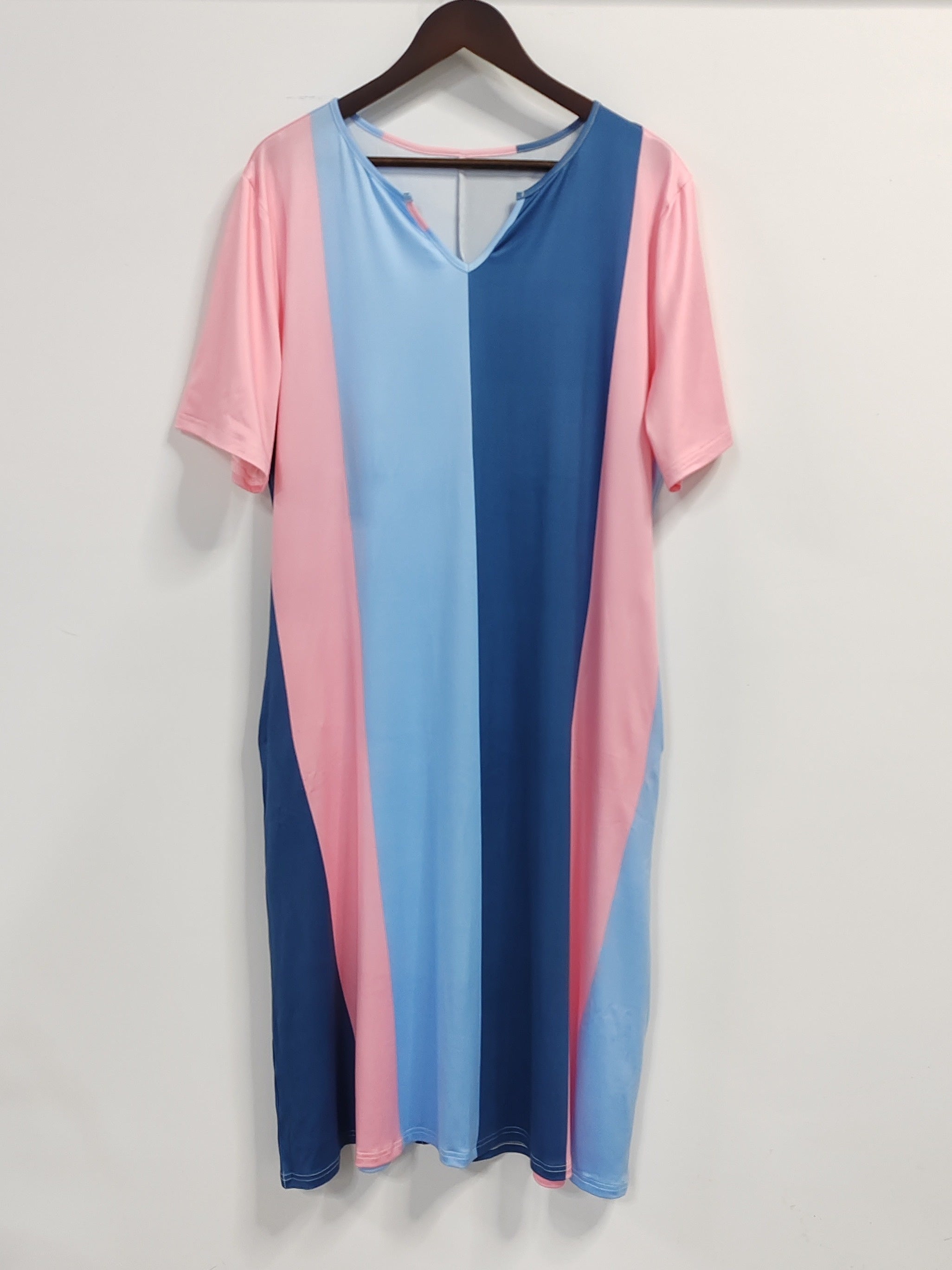 Colorblock V Neck Loose Fit Dress w/ Pockets