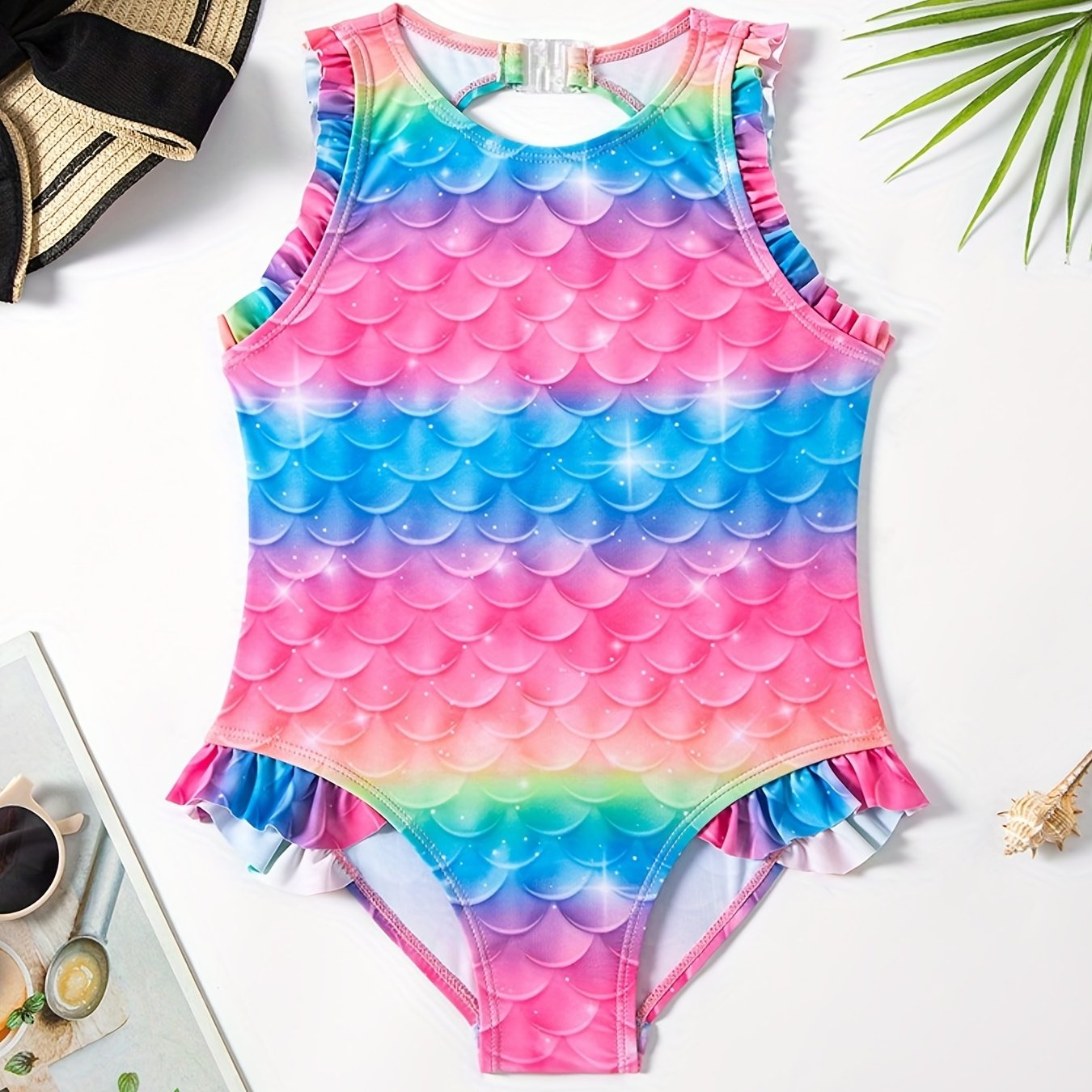Girls Mermaid Fish Scale Print Tankini Swimsuit Sleeveless