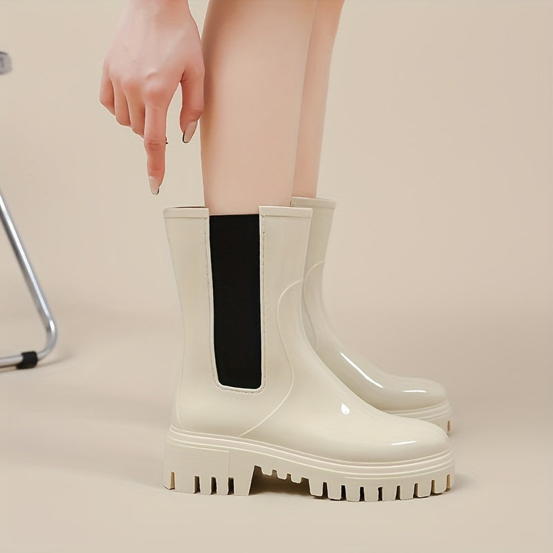 Women's Waterproof Short Boots Round Toe Platform Solid Anti Slip Rain Boots