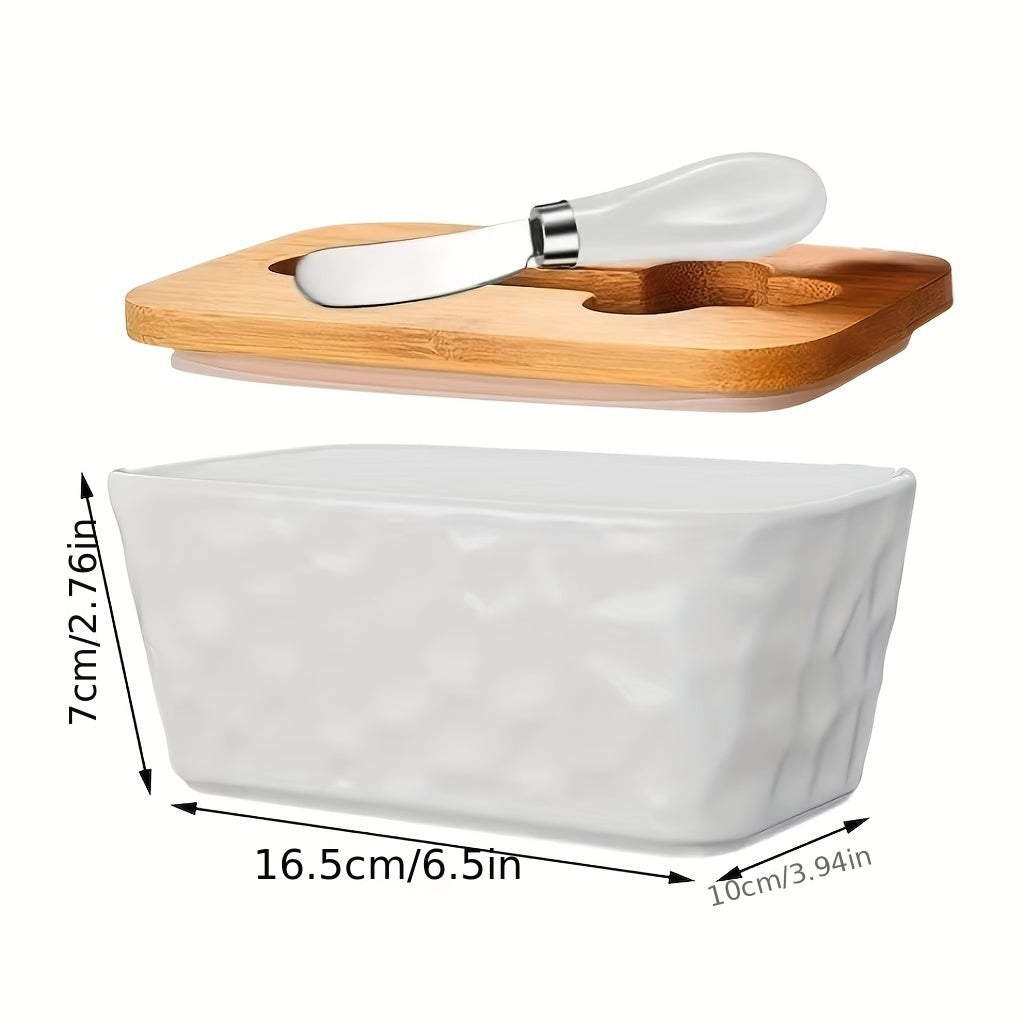 Ceramic Butter Dish with Stainless Steel Saucer and Wooden Lid