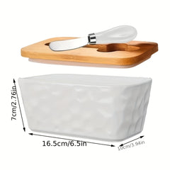 Ceramic Butter Dish with Stainless Steel Saucer and Wooden Lid