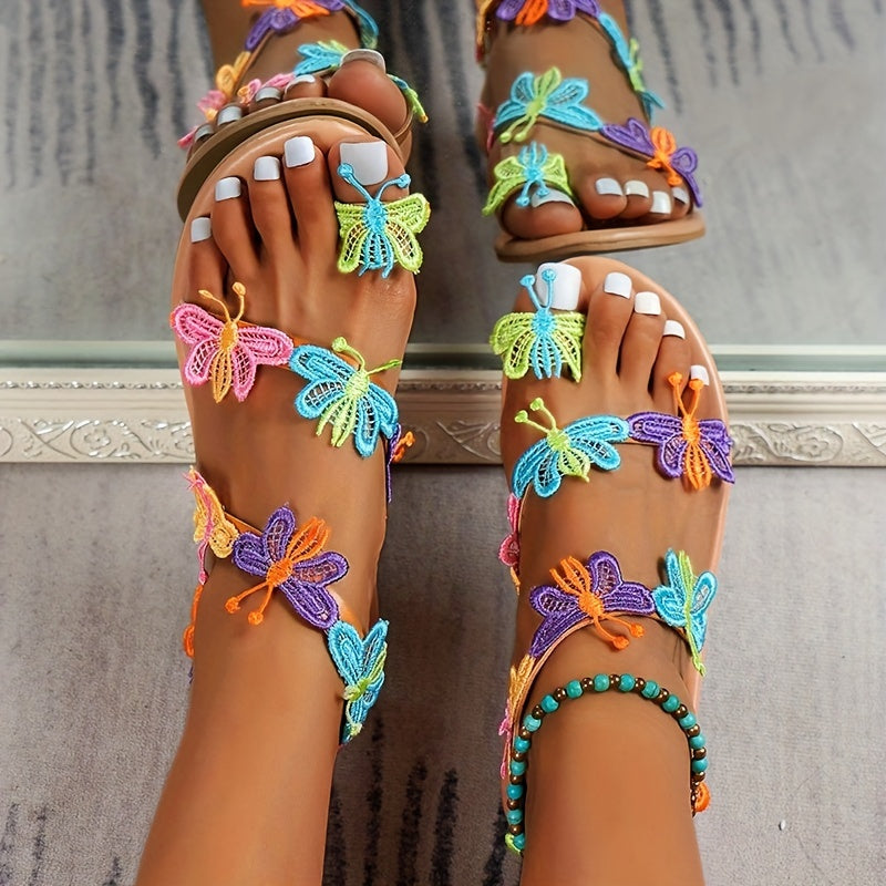 Boho Colorful Butterfly Flat Sandals Open Toe Loop Shoes Casual Summer