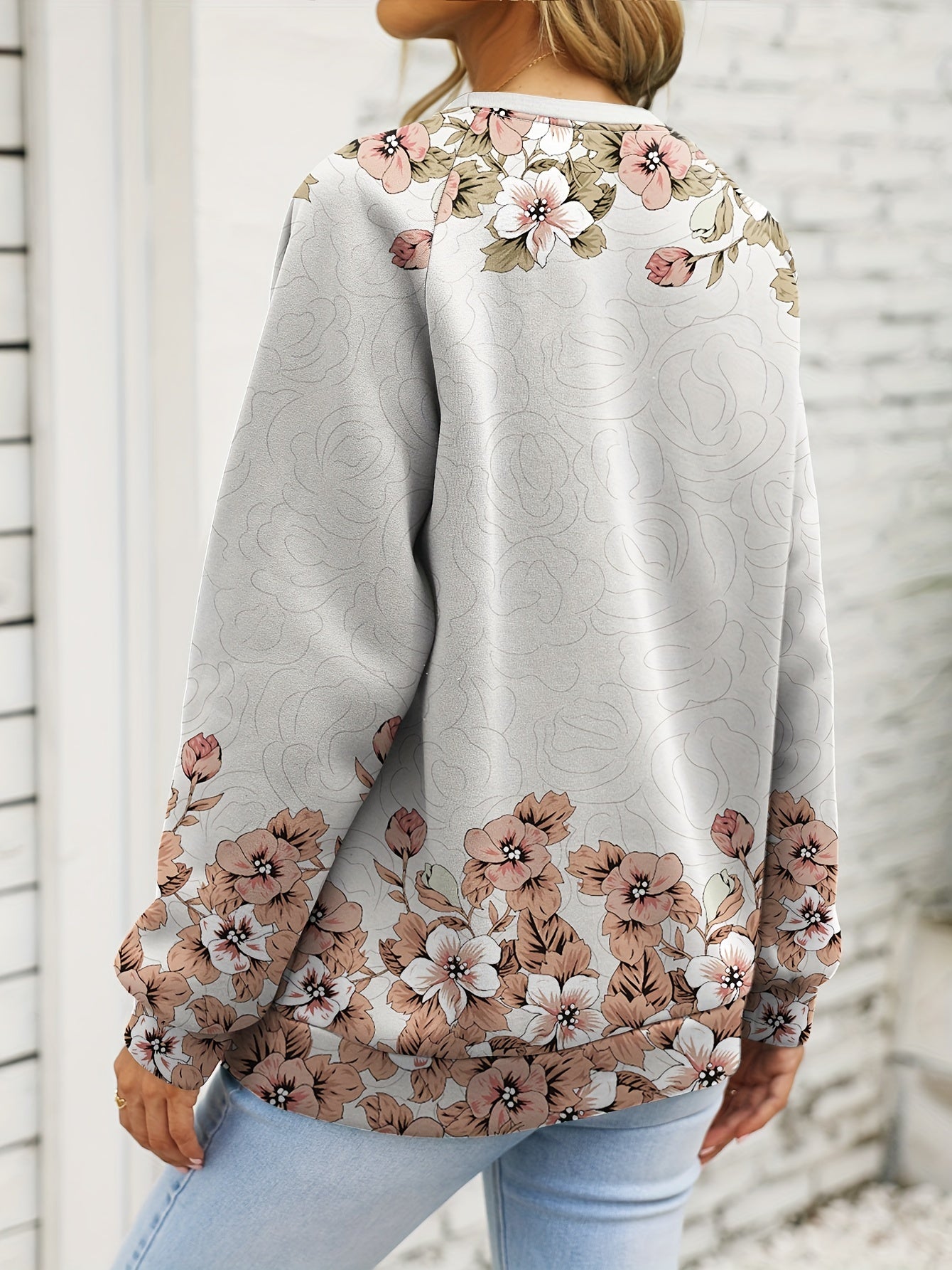 Skull & Floral Print Sweatshirt Crew Neck Women's Clothing