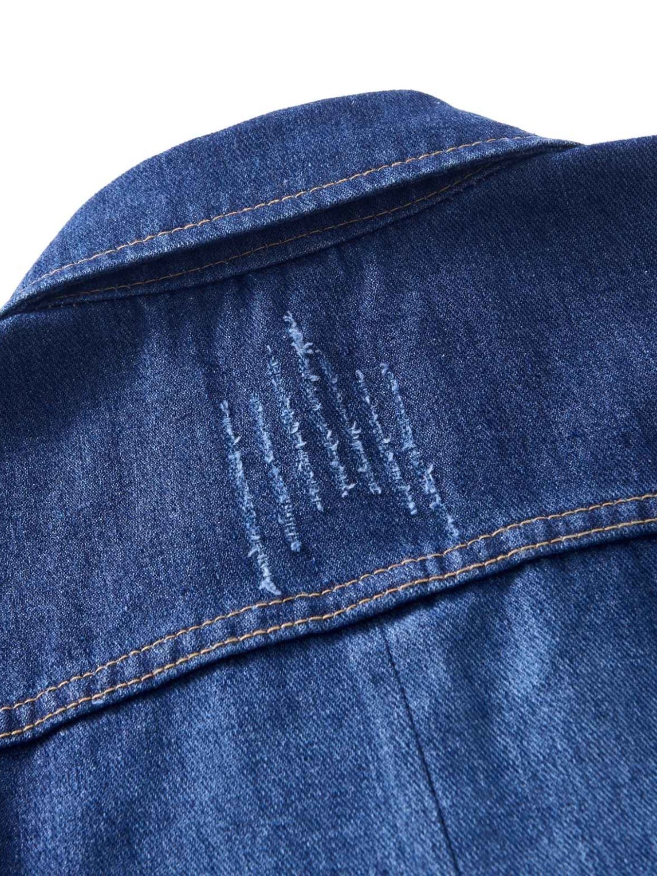 Double Breasted Distressed Denim Jacket Women's Long Sleeve Coat