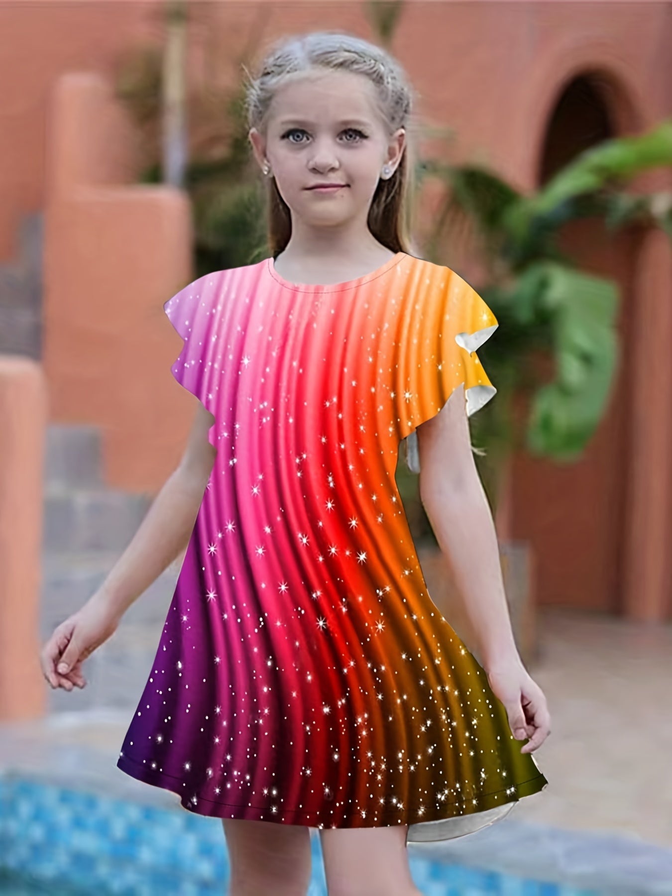 Girls Rainbow Flutter Trim Dress