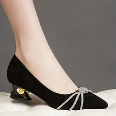 Rhinestone Knot Chunky Heel Point Toe Pumps