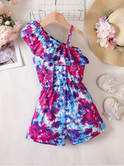 Girls Tie Dye Sleeveless Ruffle Trim Jumpsuit Kids Summer Outfit