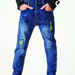 Boys Casual Vintage Denim Jeans Ripped Patch Straight Leg Pants