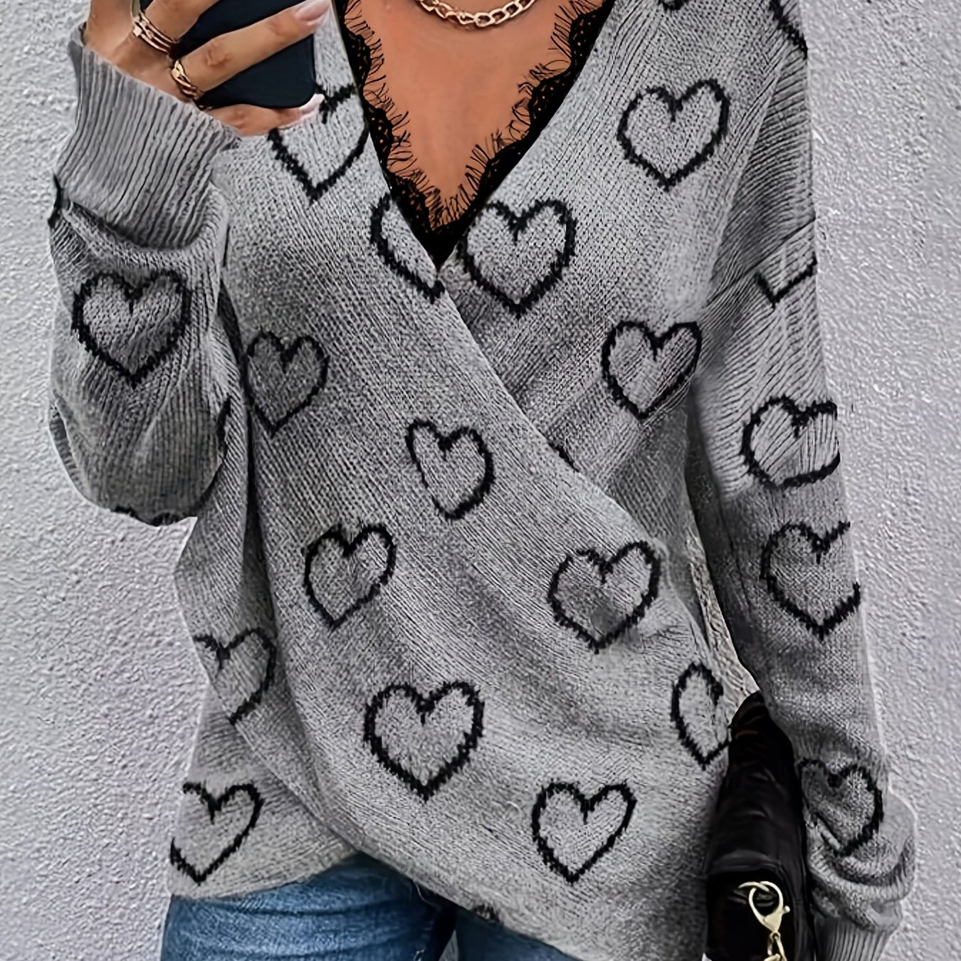 Heart Pattern V Neck Pullover Sweater for Fall & Winter