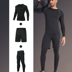 Men's Stretch Slim Fit Gym Outfit Set Long Sleeve T shirt And Shorts Legging Set