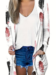 Women's Plus Feather Print Long Sleeve Open Front Cardigan