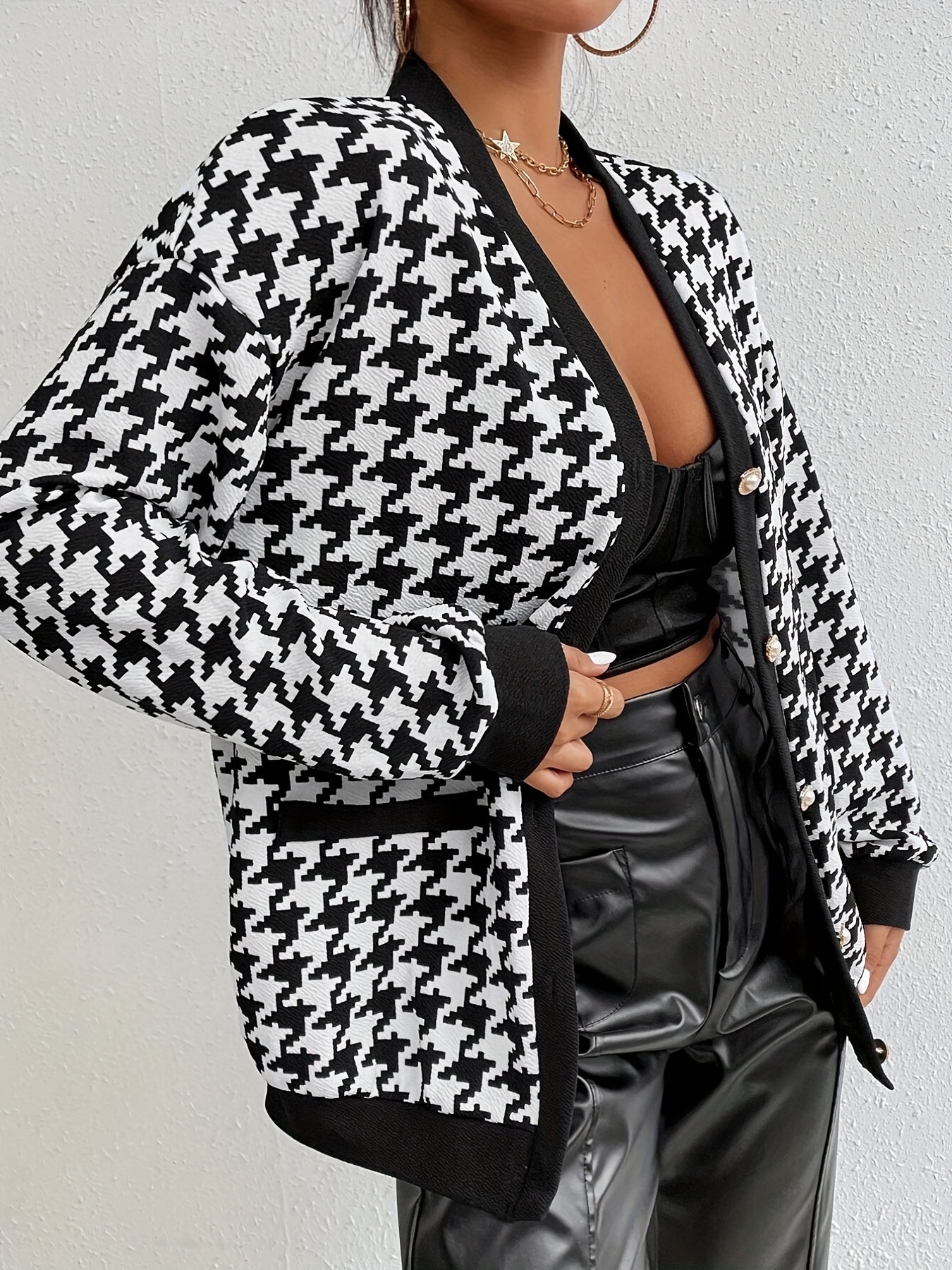 Button Plaid Contrast Trim Jacket for Women