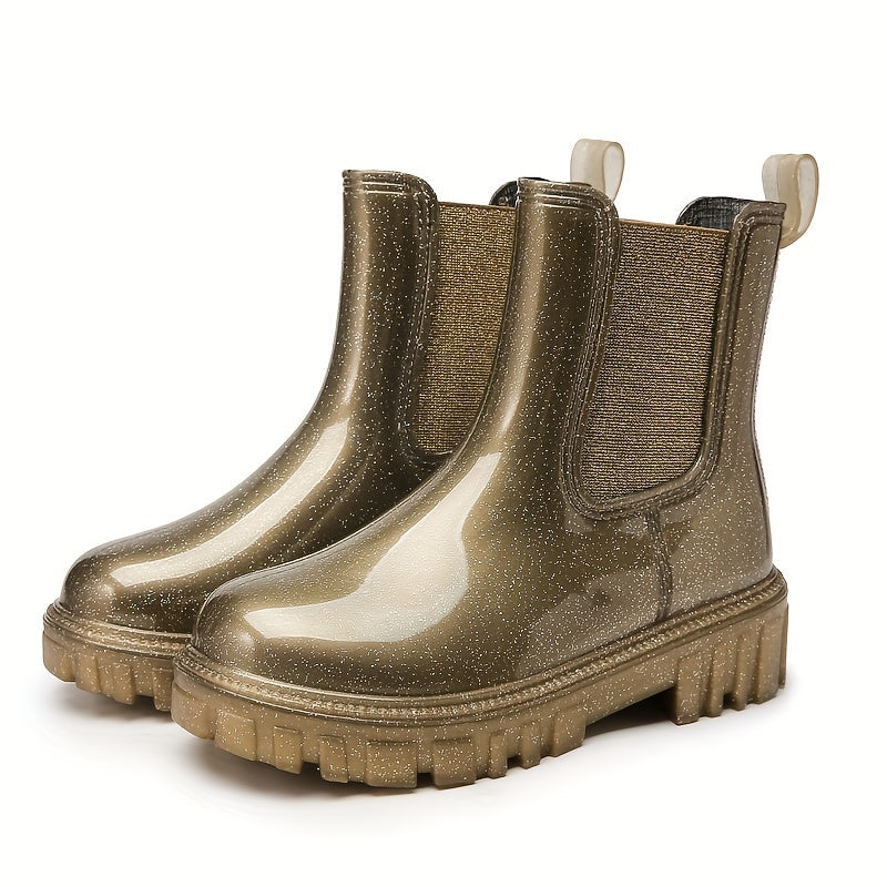 Women's Glitter Solid Rain Boots Slip On Round Toe Non slip Waterproof Shoes