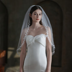 Double Layer Bridal Veil with Leaf Edge Wedding Tulle