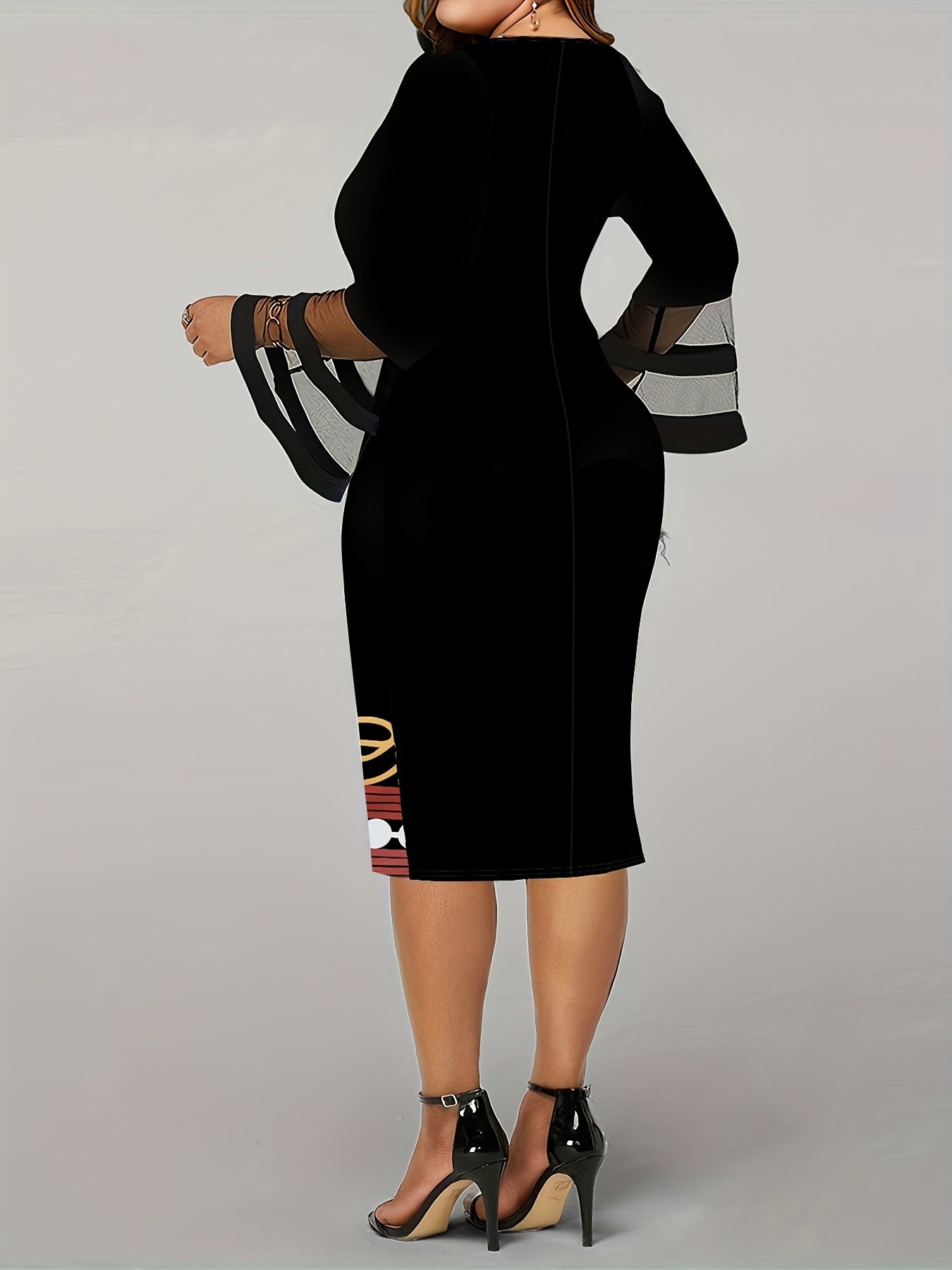 Colorblock Geometric Print Mesh Bell Sleeve Midi Dress