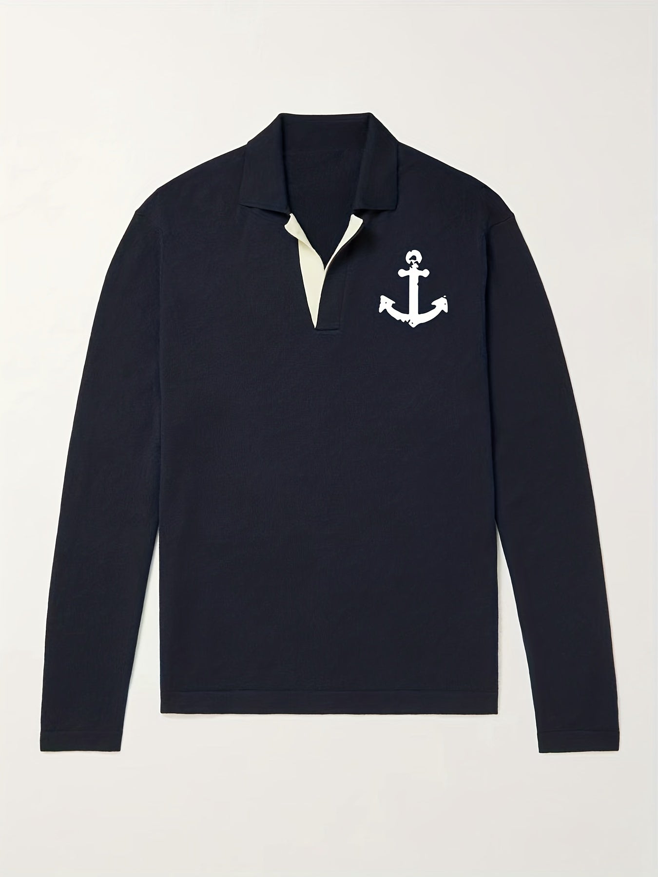 Anchor Pattern Knit Polo Shirt Men's Casual Lapel V Neck Pullover