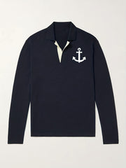 Anchor Pattern Knit Polo Shirt Men's Casual Lapel V Neck Pullover