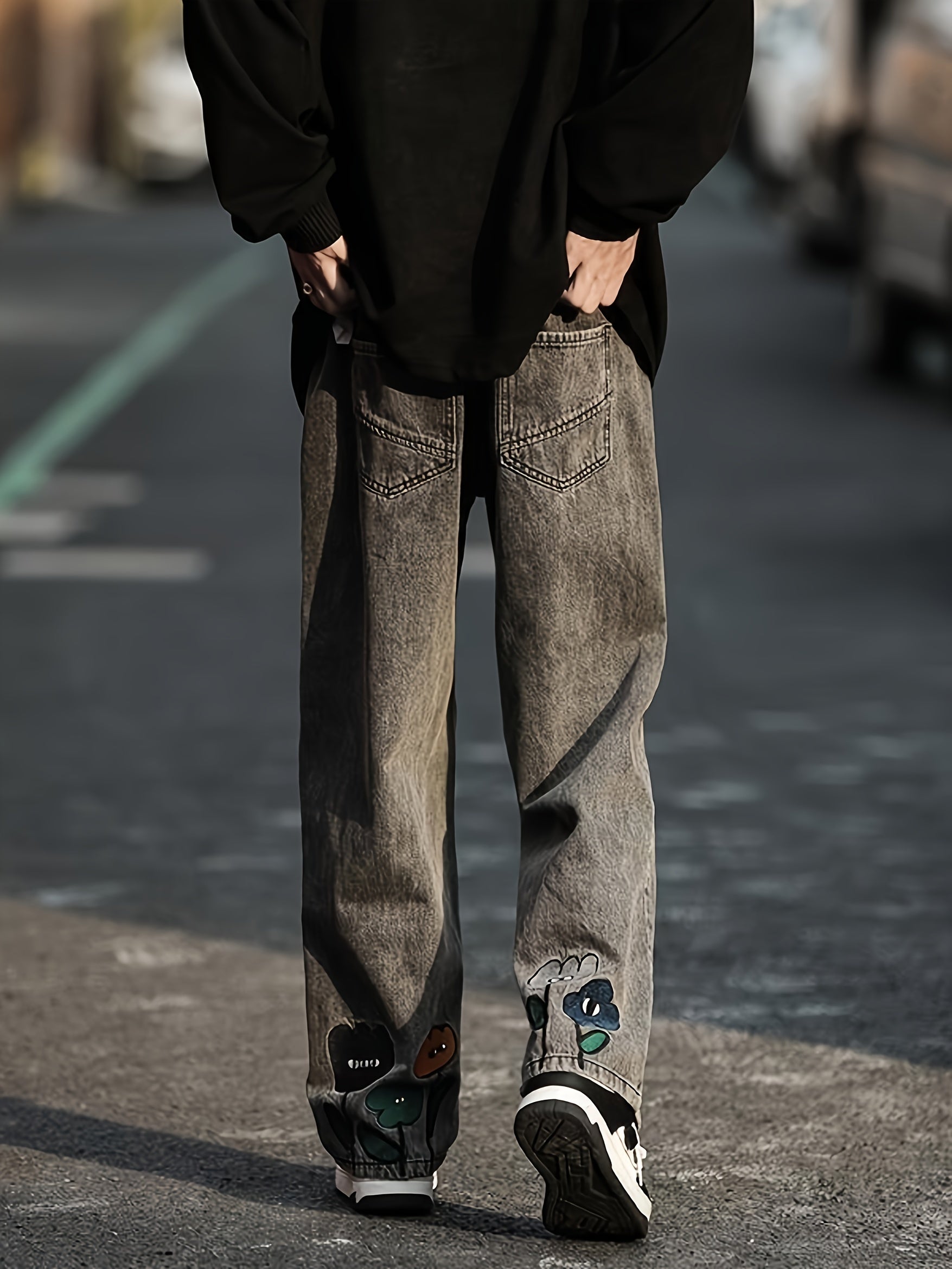 Floral Pattern Wide Leg Pants Men Street Style Jeans
