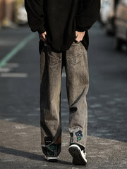 Floral Pattern Wide Leg Pants Men Street Style Jeans