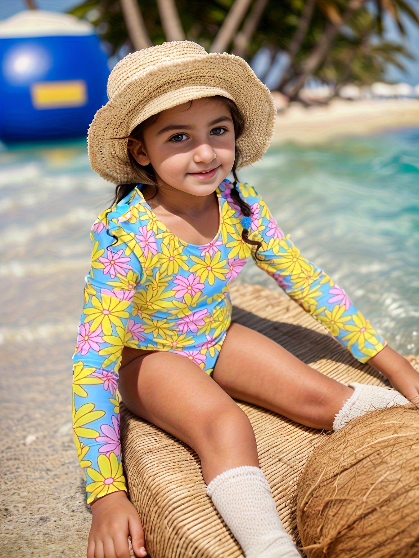 Flower Print Long Sleeve Swimsuit for Girls