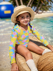 Flower Print Long Sleeve Swimsuit for Girls