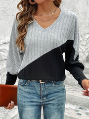 Colorblock Bat Sleeve V Neck Sweater