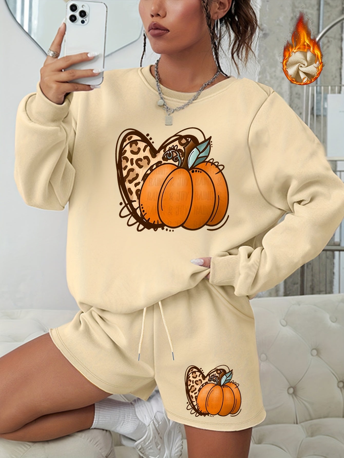 Pumpkin Graphic Print Sweatshirt & Shorts 2pcs Set