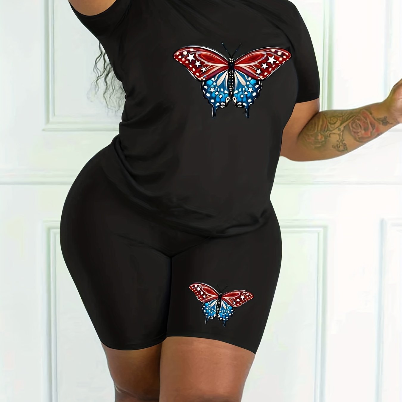 Women's Plus Butterfly Print Top & Shorts 2 Piece Set