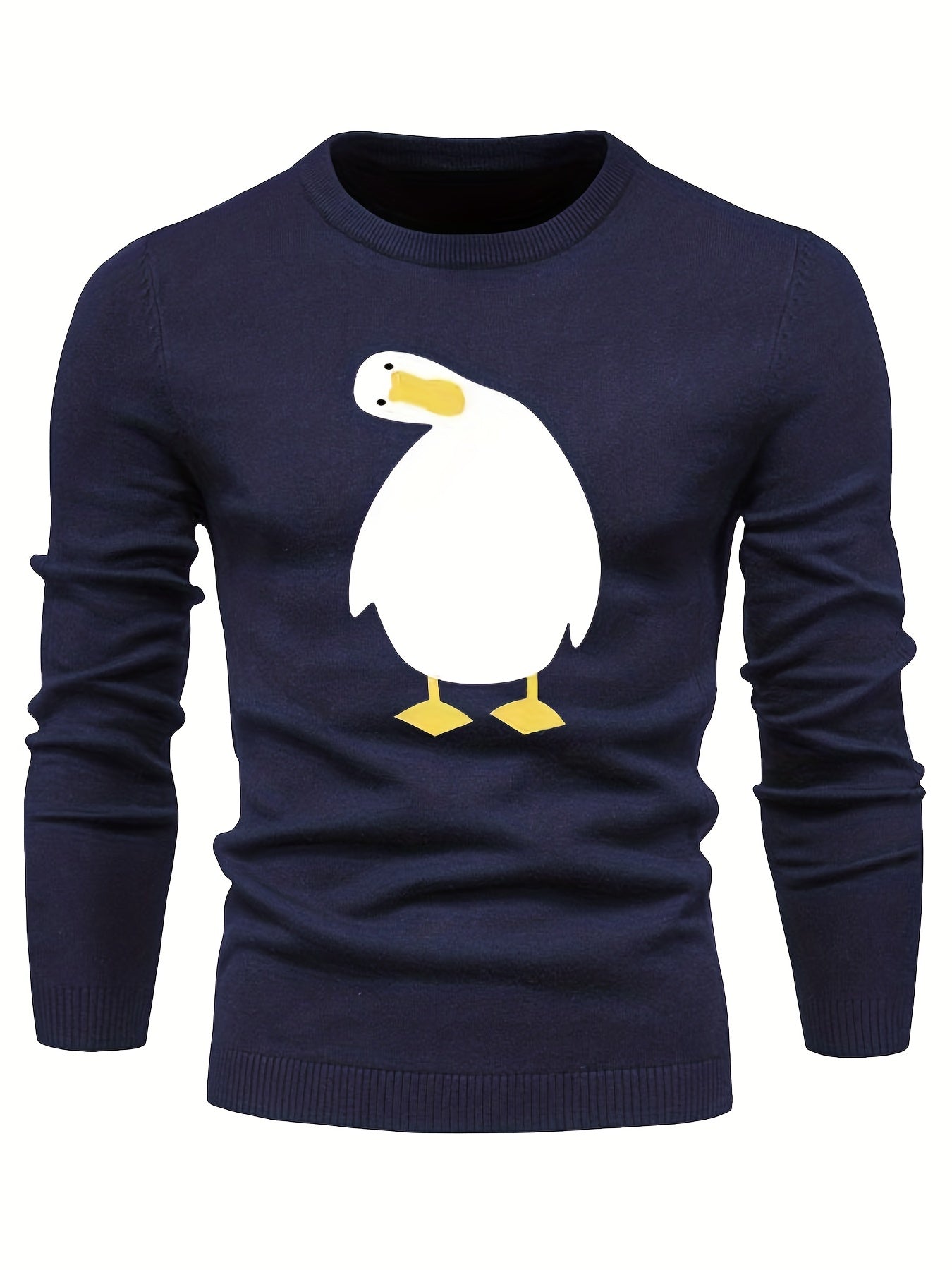 Cartoon Duck Print Men's Casual Warm Crew Neck Pullover Sweater