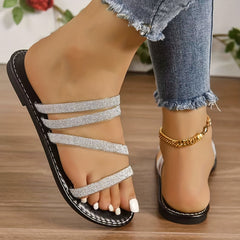 Women's Glitter Flat Slides Open Toe Slip On Beach Sandals