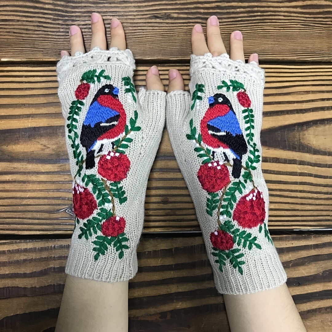 Embroidered Bird Flowers Gloves Arm Warmer Woolen Winter Gloves