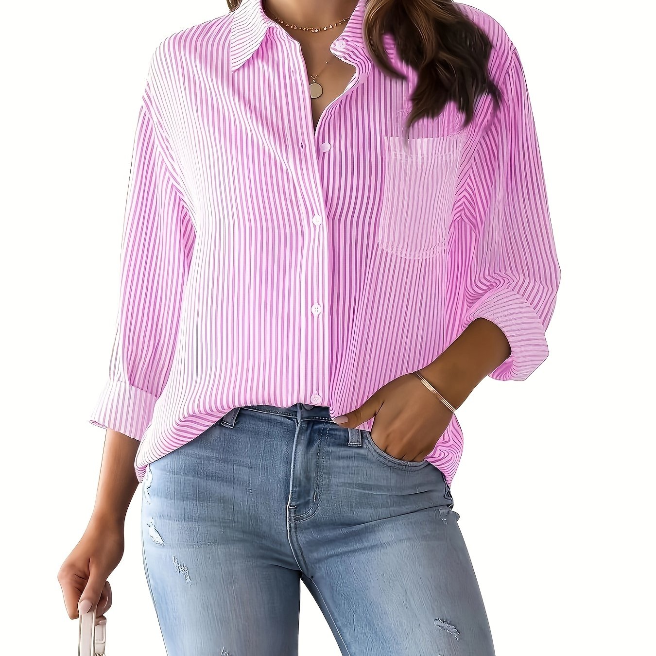Stripe Print Button Up Long Sleeve Blouse