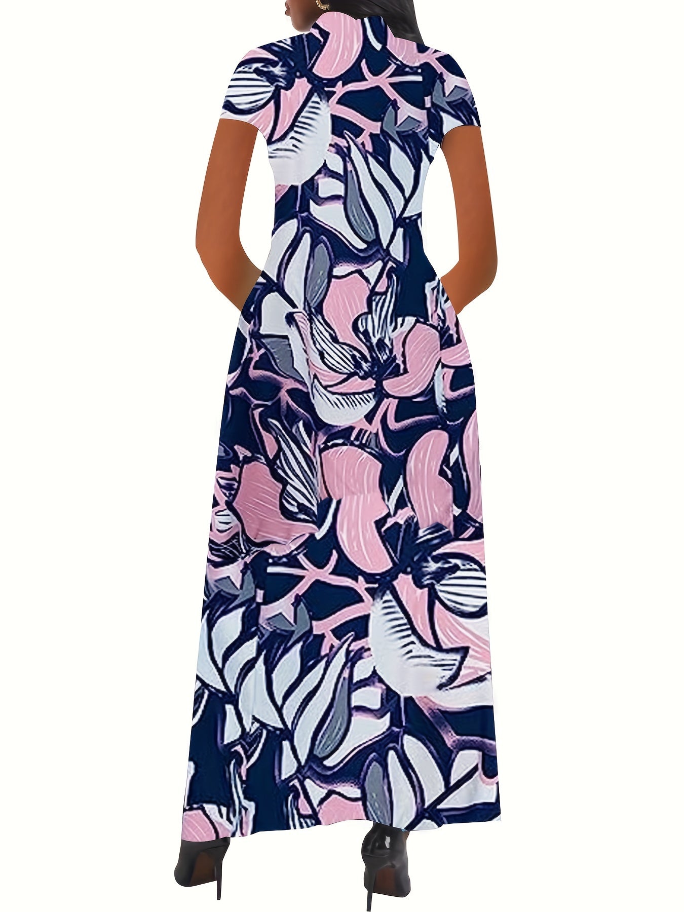 Floral Print Mock Neck Maxi Dress With Belt