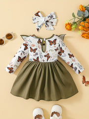 Baby Girls Butterfly Print Big Bow Dress Headscarf 2pcs Suit