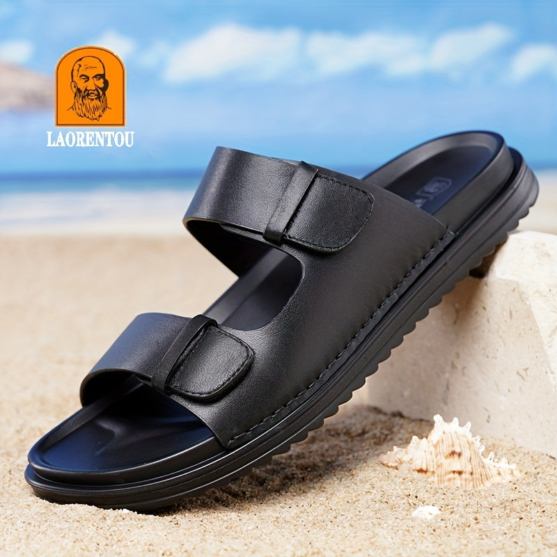 LAORENTOU Men's Leather Slippers Casual Outdoor Anti skid Slip On Slides