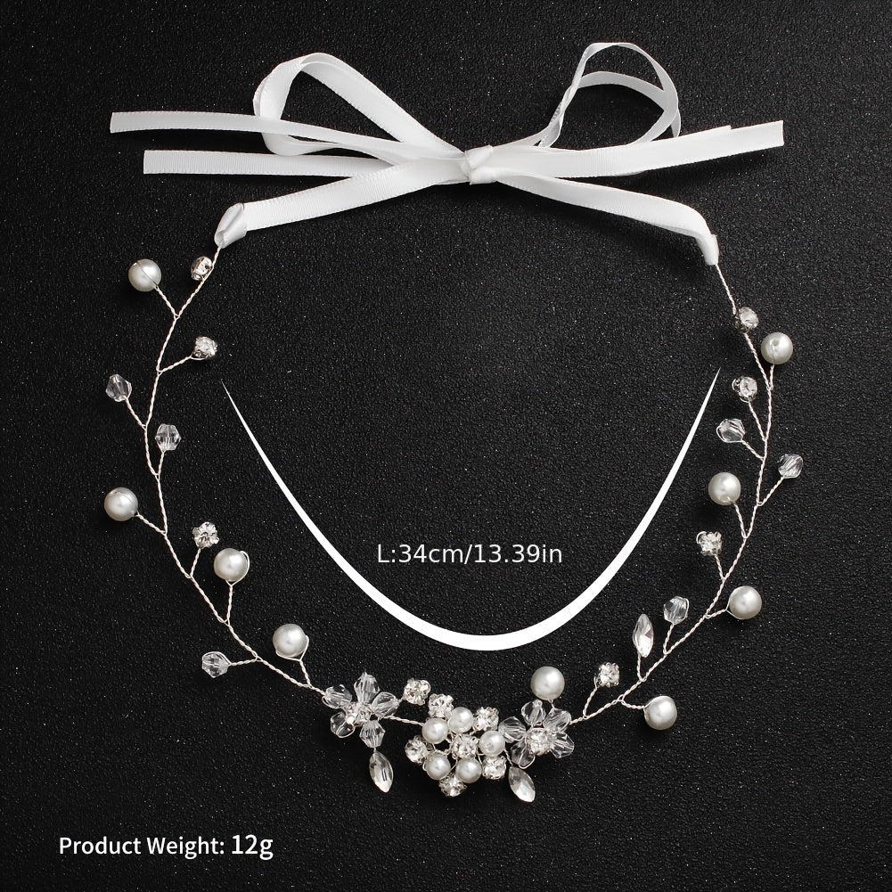 Faux Pearl Rhinestone Streamer Hairband Headband Silvery Decorations Tiara