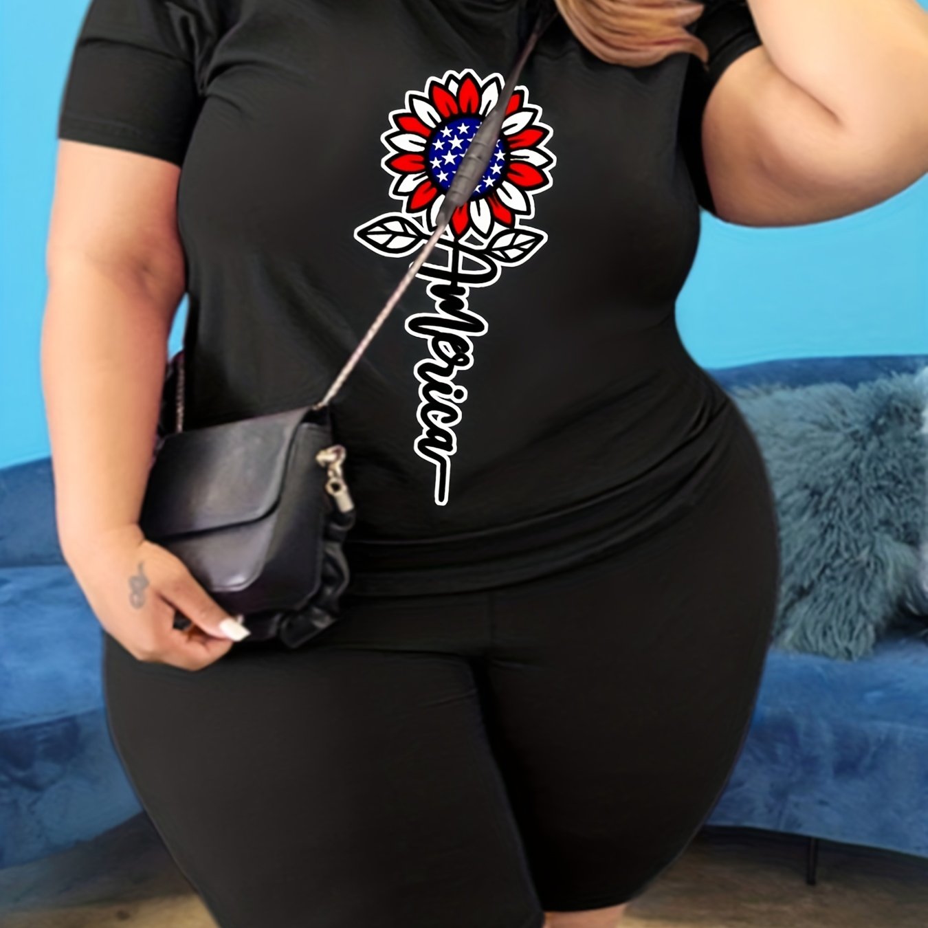Women's Plus Flag + Sunflower Print Tee & Biker Shorts Set