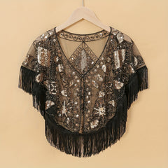Vintage Sequin Embroidered Shawl 1920s Tassel Wrap Mesh Cape