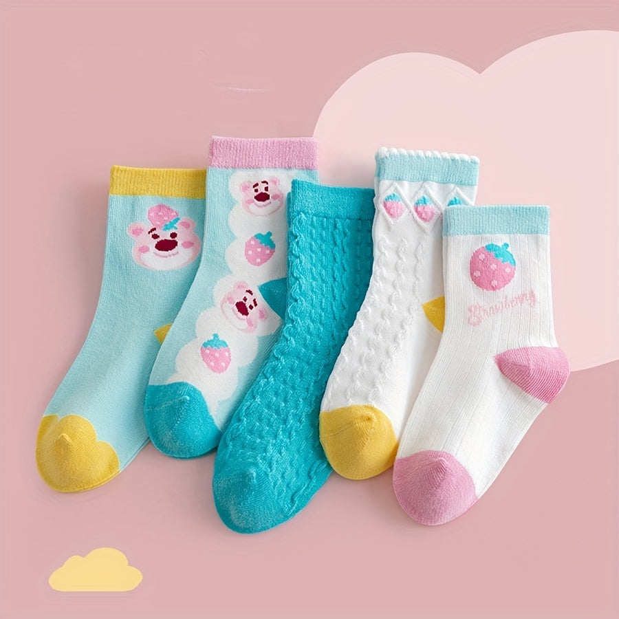 5 Pairs Girls Kids Bear Pattern Socks Comfy Crew Children's Socks