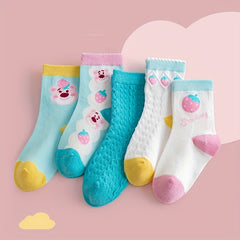 5 Pairs Girls Kids Bear Pattern Socks Comfy Crew Children's Socks