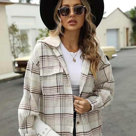 Plaid Hooded Jacket Casual Outwear For Fall & Winter Women's Clothing