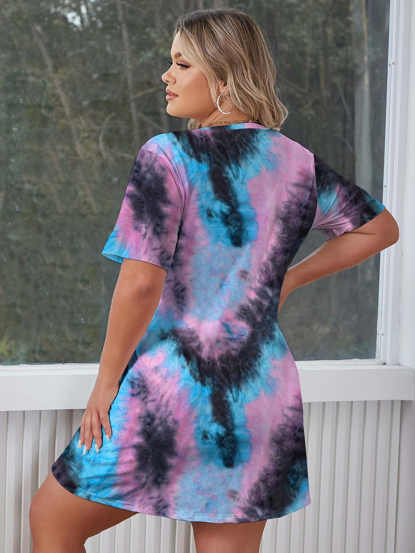Ombre Tie Dye Print Short Sleeve Home Wear Dress