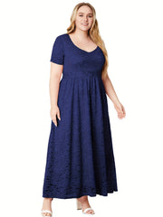 Lace Maxi Dress Scoop Neck Short Sleeve Solid Stretch