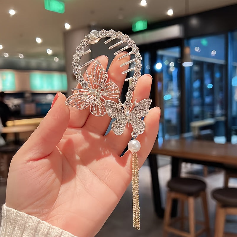 Golden Butterfly Tassel Hair Clip Rhinestones Bun Buckle Women Girls Party Decor