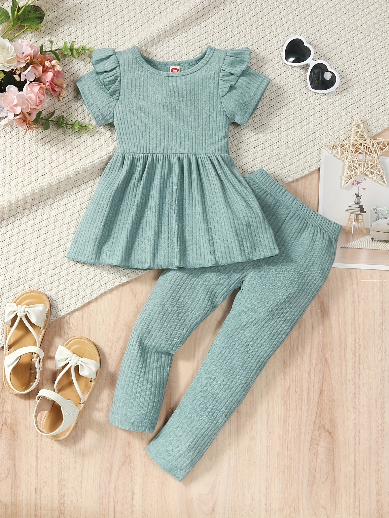 2pcs Toddler Girls Ruffle Peplum Tops & Elastic Waist Pants Set