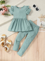 2pcs Toddler Girls Ruffle Peplum Tops & Elastic Waist Pants Set