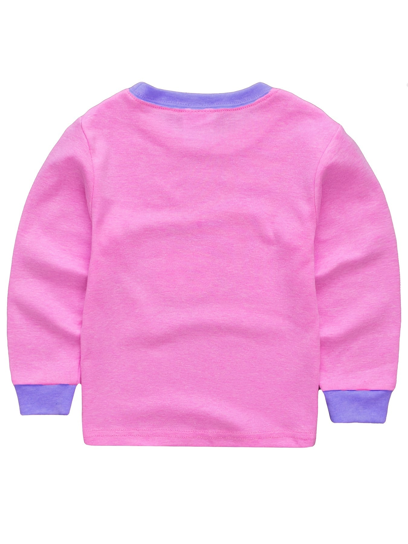 Girls Cat Print Pajamas Set, Long Sleeve Crew Neck Tops & Pants, Pink