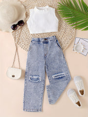 2pcs Girl's Mock Neck Crop Top Ripped Denim Suit