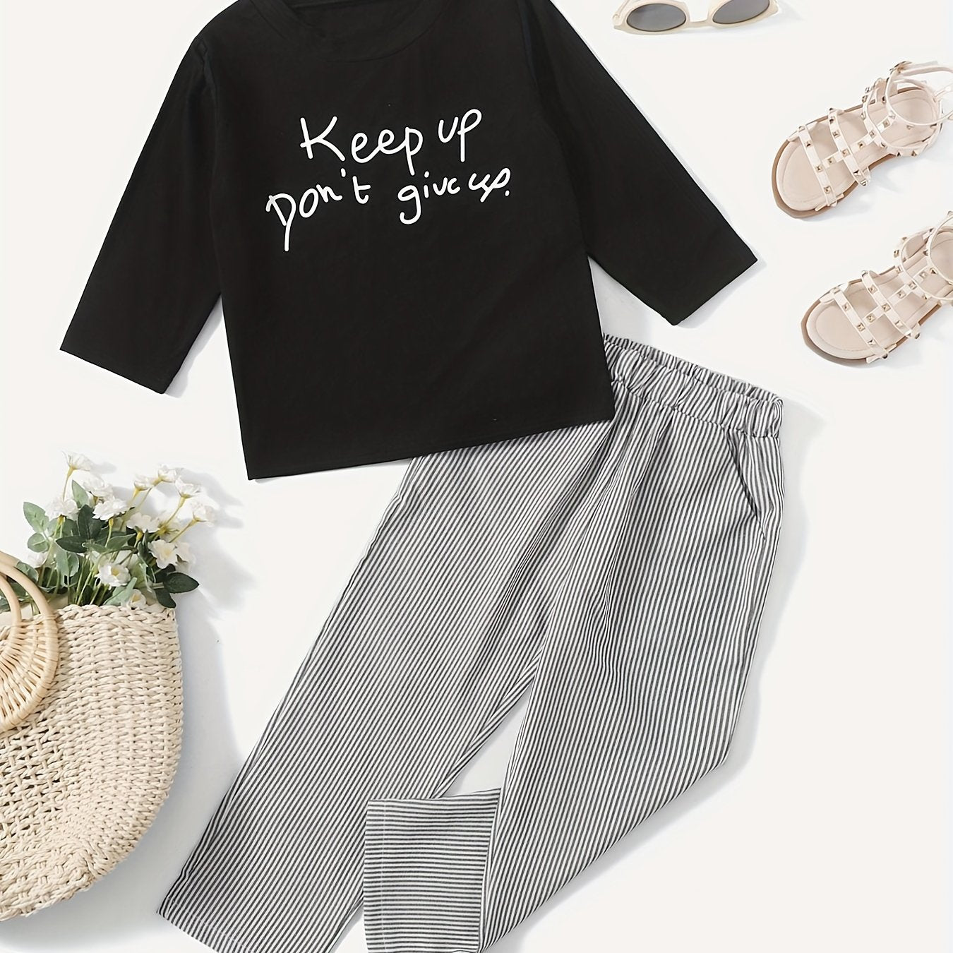 Girl's Casual 2pcs Pullover & Stripe Pants Set Spring Fall Outfits